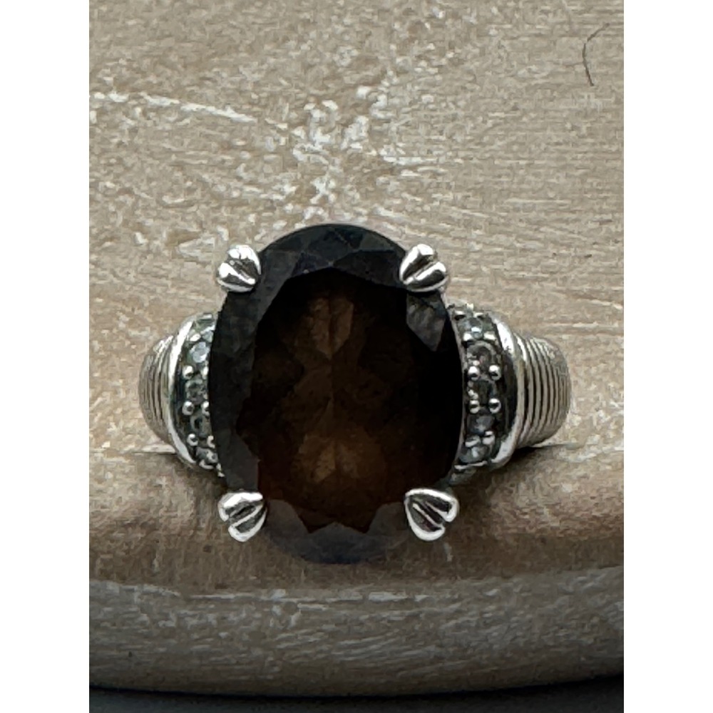 Judith Ripka Sterling Silver Smoky Quartz CZ Heart Prong Ribbed Ring Size 7.5